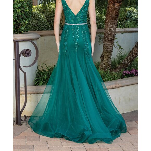 New Sleeveless Mermaid Prom Tulle Gown w/ Floral Applqiue & Deep V-Neck DQ 4311 - Picture 8 of 8